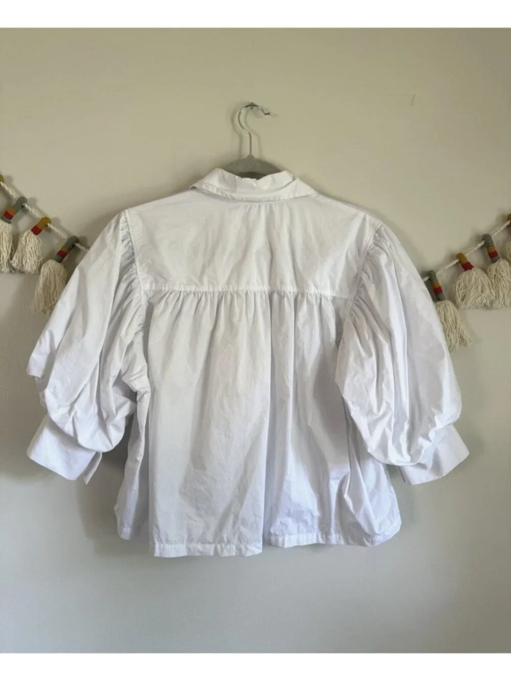 Zara White Puff Sleeve Button Down Collared Top Cotton Modest Preppy Minimalist